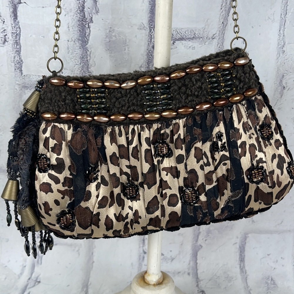 Mary Frances Crossbody Purse Pleated Beaded Embellished Animal Print Tassels - Picture 5 of 9